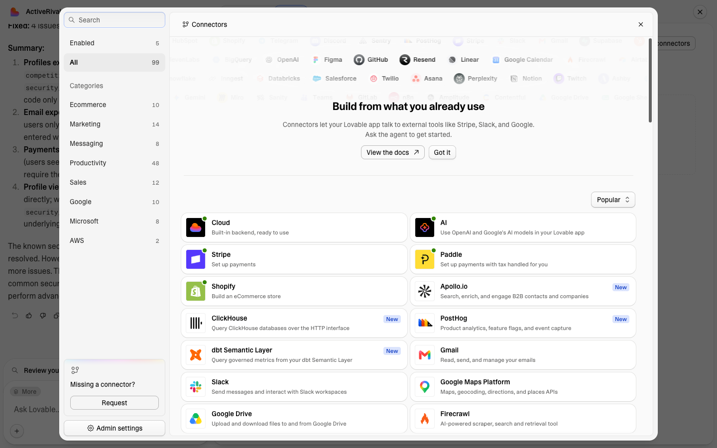 99 connectors — payments, analytics, CRMs, AI models — plus connect-your-own MCP.