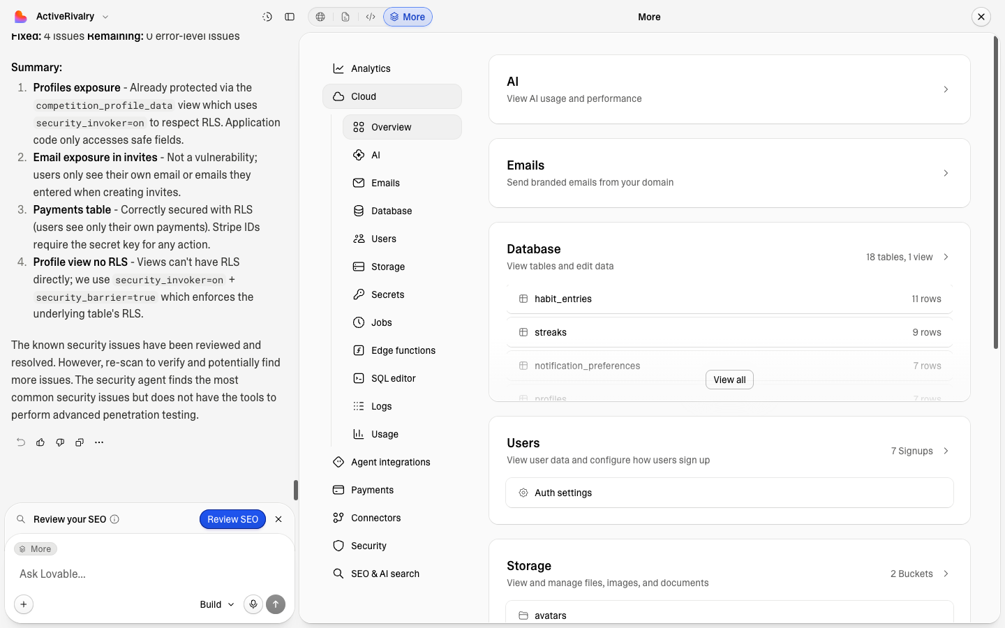 Lovable Cloud: 18 database tables, auth, storage, and edge functions — all visible, none hand-coded.