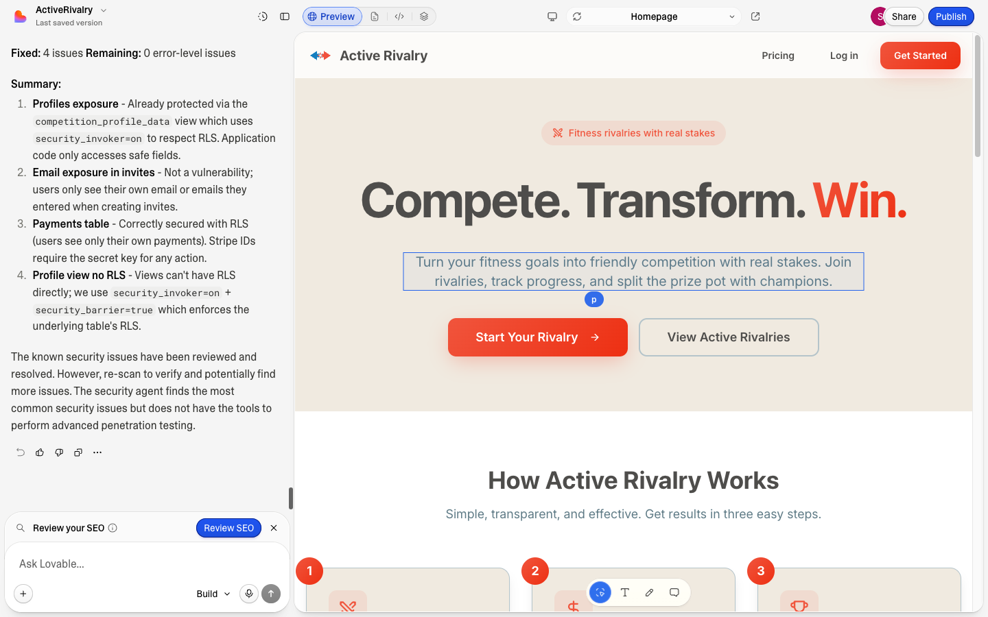 Lovable's visual editor: click any element and change exactly what you want — no re-prompting.