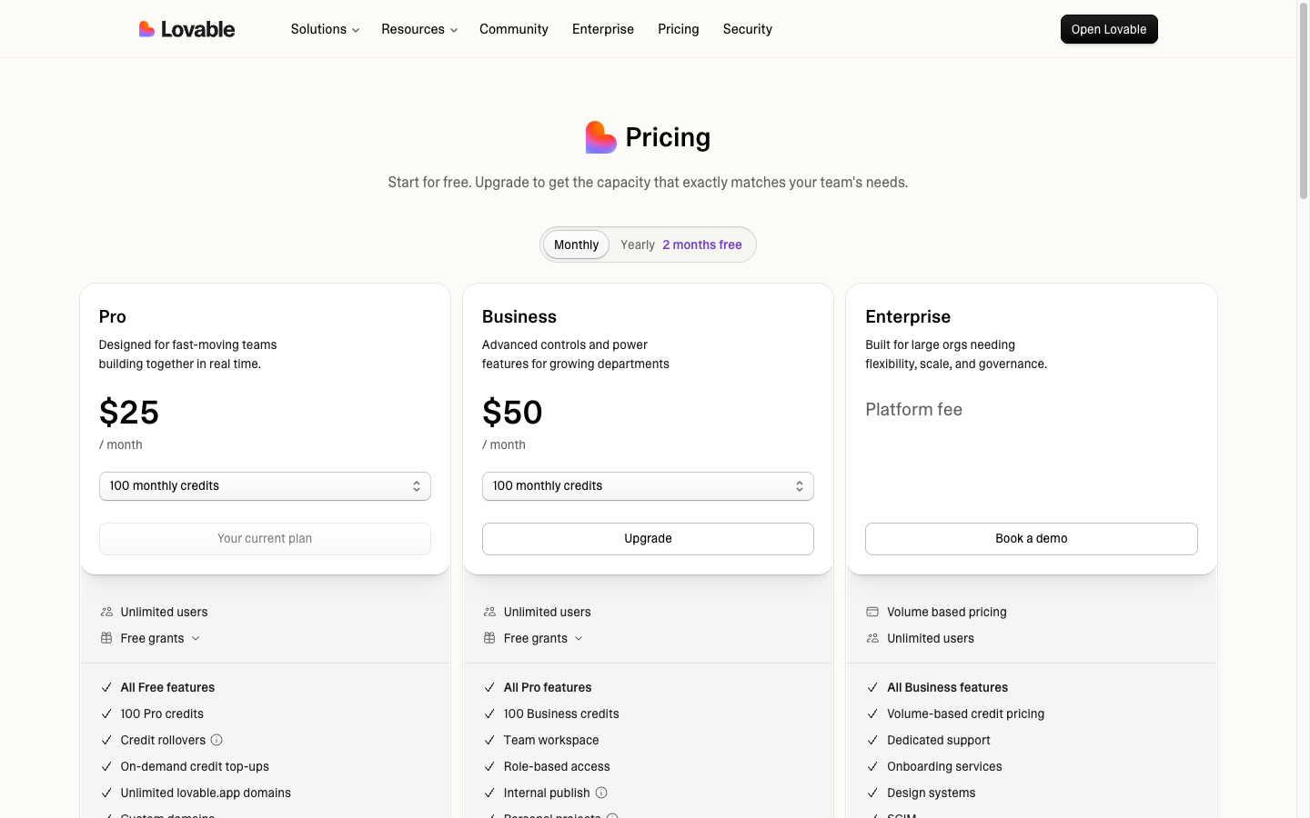 Lovable's pricing page — verified July 2026.